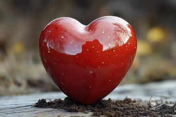 Fototapeta premium A red heart shaped object resting on dirt, great for backgrounds or still life compositions