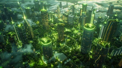 Aerial view of a futuristic green city with lush vegetation and glowing skyscrapers at twilight