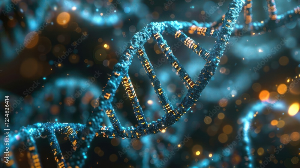 Poster abstract visualization of dna strands with glowing elements and bokeh effects in a scientific backgr