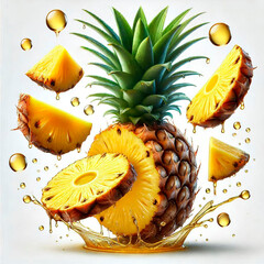 Pineapple with halves slices falling or floating in air with green leaves isolated on white background.