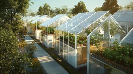 Obraz premium Transparent solar panels doubling as greenhouse roofs for growing crops, multifunctional renewable energy innovation.