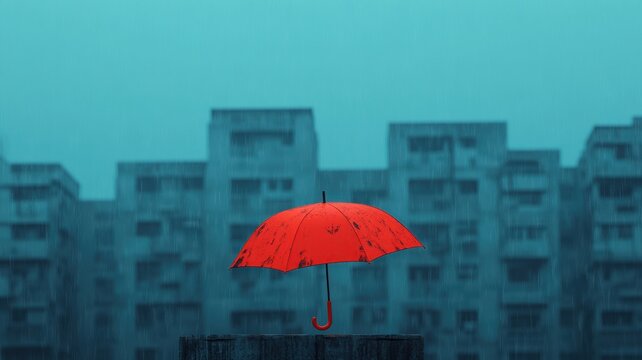 Rainy urban scene with red umbrella cityscape digital art minimalist design aesthetic perspective