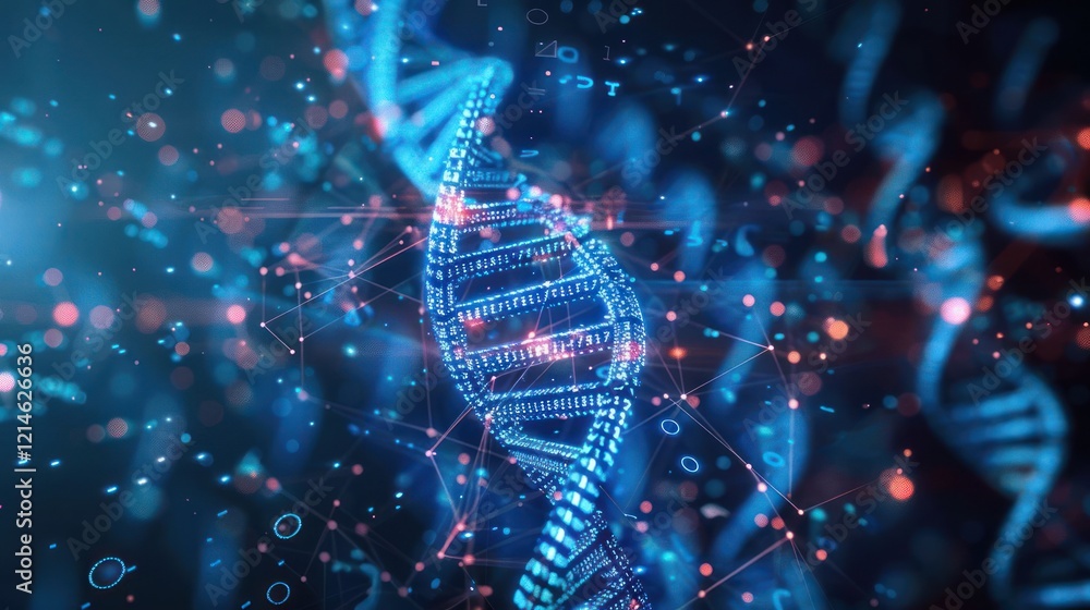 Poster abstract representation of dna structure with glowing elements and digital connections in a dark bac
