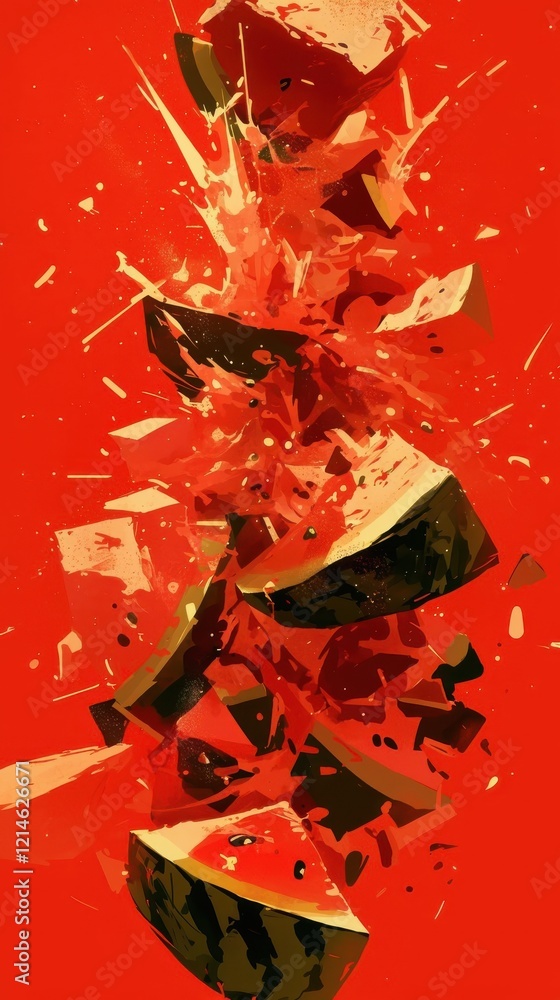 Poster exploding watermelon slices splashing red juice