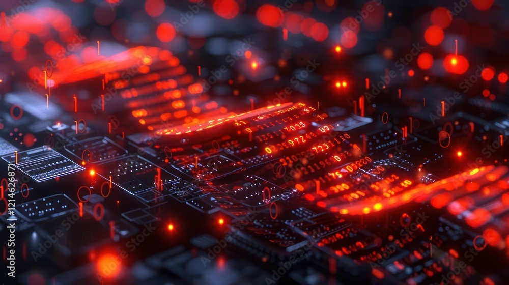 Poster abstract view of a circuit board illuminated with red lights, showcasing technology in action