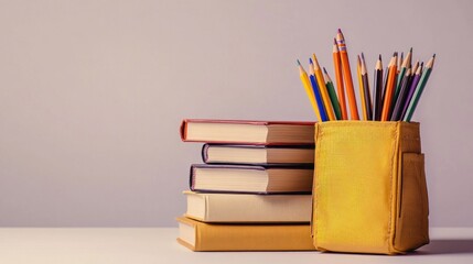 Fototapeta premium Colorful pencils, books, learning, education, classroom background