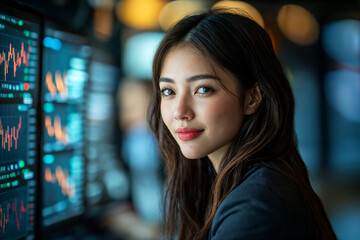 Obraz premium Portrait of a female Wall Street trader analyzing market trends in a busy financial hub