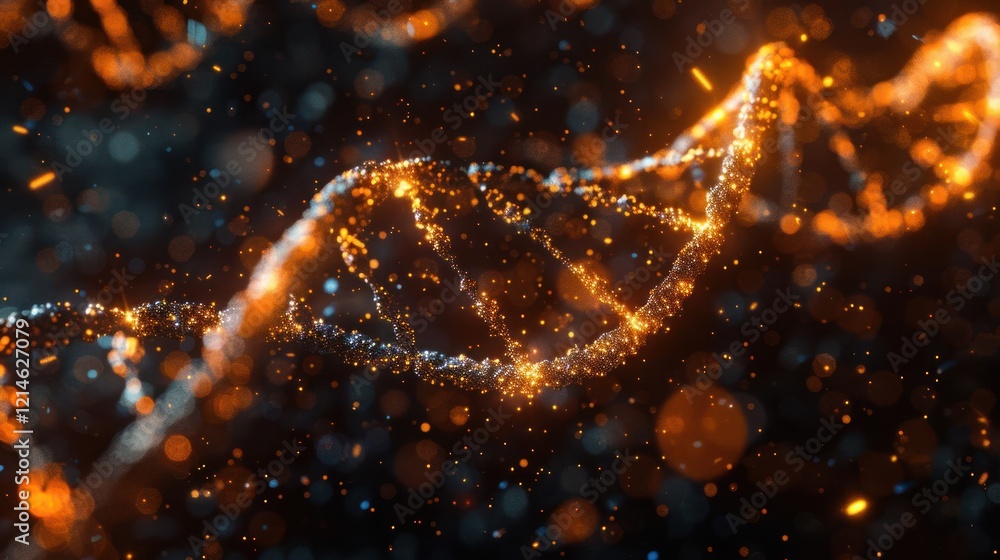 Poster abstract representation of dna strands illuminated with glowing particles in a cosmic background
