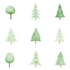 Watercolor Tree Collection: A charming collection of nine watercolor illustrations featuring various types of trees, including deciduous and coniferous.