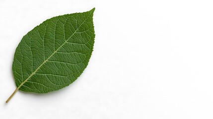 A single green leaf rests on a white surface, showcasing its intricate veins and vibrant color.