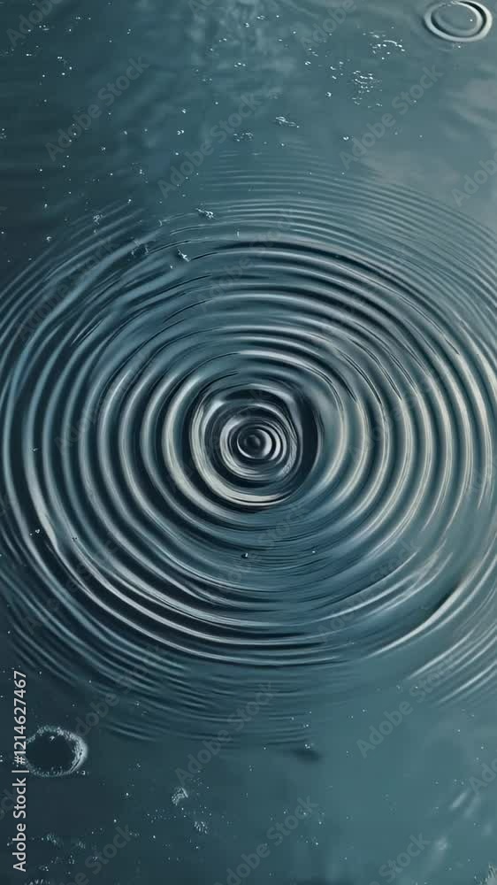 Poster Concentric circles spreading across a tranquil teal water surface, creating a mesmerizing pattern filled with small bubbles and gentle reflections, evoke a sense of calm and serenity
