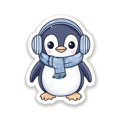 A cute penguin donning a cozy scarf and earmuffs for winter fun