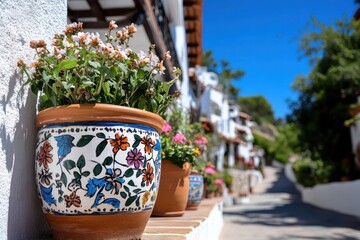 A captivating alleyway adorned with vibrant flower pots, showcasing an arrangement of colorful blooms basking in the bright summer sunlight.
