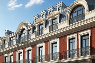 Fototapeta premium Elegant architecture displayed in a well-designed building exterior with balconies against a clear blue sky in a vibrant urban setting
