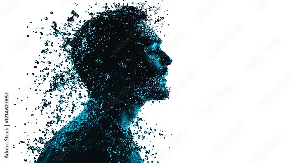 Poster a silhouette of a man disintegrating into particles, symbolizing transformation or the fragility of 