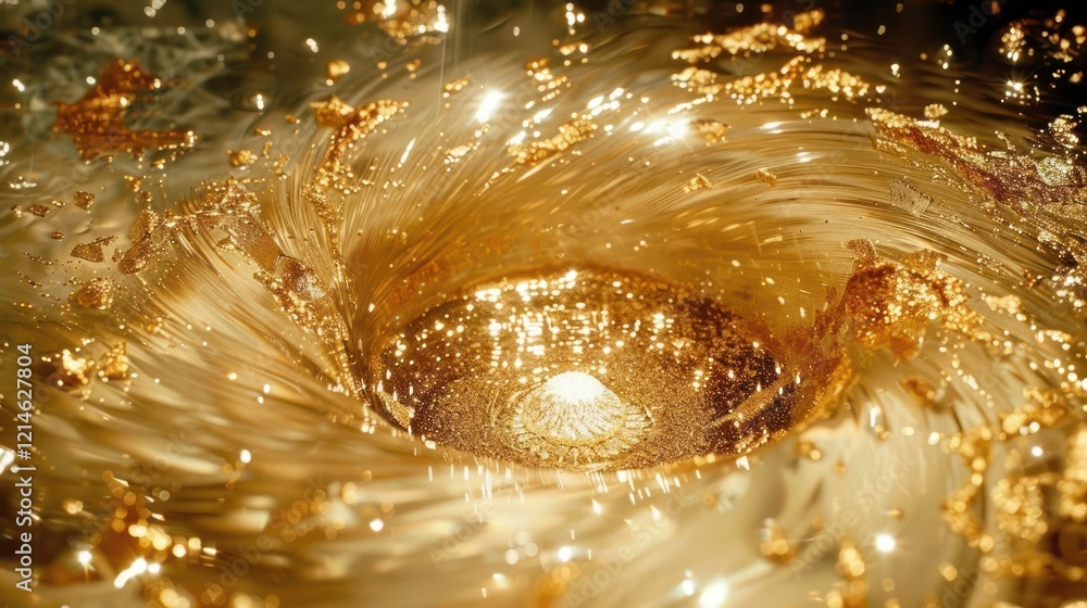 Poster swirling golden liquid vortex with sparkling particles, creating a mesmerizing visual effect