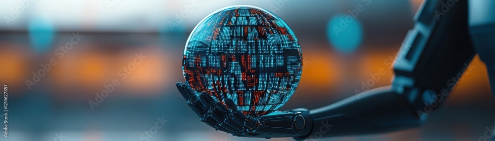 Poster a futuristic robotic hand holds a glowing digital globe, symbolizing advanced technology and innovat