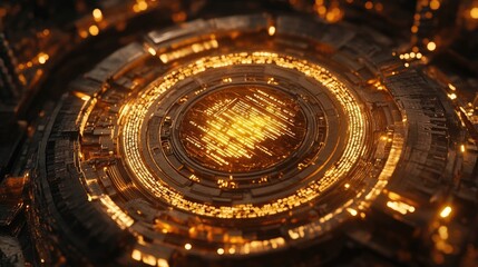 Fototapeta premium A golden AI chip surrounded by glowing ethical guidelines in text form.