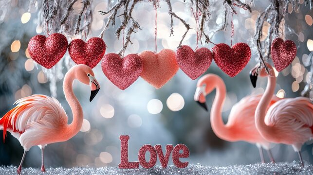 Elegant flamingos stand beside sparkling hearts, embodying a whimsical love theme. The soft backdrop enhances the romantic atmosphere.
