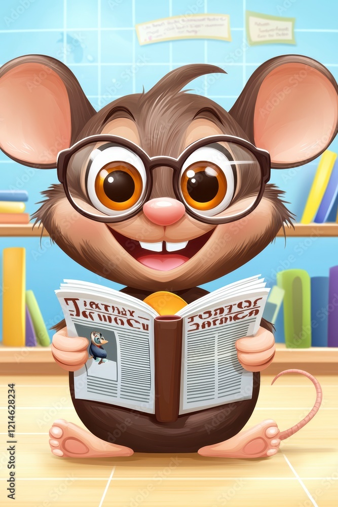 Poster reading mouse character enjoying a book in a cozy library animated environment whimsical viewpoint