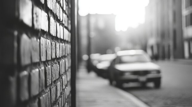 Fototapeta Black and white photo of a brick wall with blurred city street and parked cars in the background.