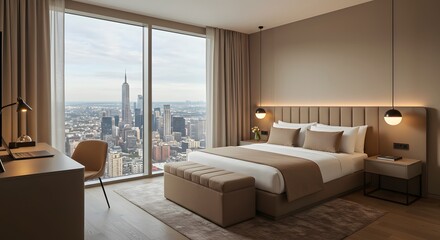 Futuristic Modern Bedroom Interior in Skyscraper - 2030 Trending Color Scheme for Business & Banners.