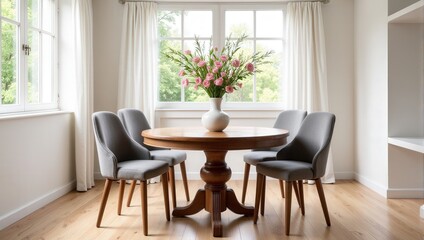 Elegant round wooden table set with sleek gray chairs surrounds a charming white, cylindrical vase holding vibrant pink blooms. Indulge in the serene indoor charm