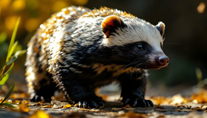 Obraz premium Candid image of a badger with black and white fur in a forest with fall leaves