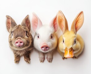 Adorable Farm Animals Featuring a Playful Piglet, Cute Bunny, and Charming Duckling Against a Soft White Background, Promoting Farm Life and Animal Friendship