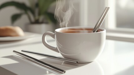 Steaming Coffee with Metallic Straws