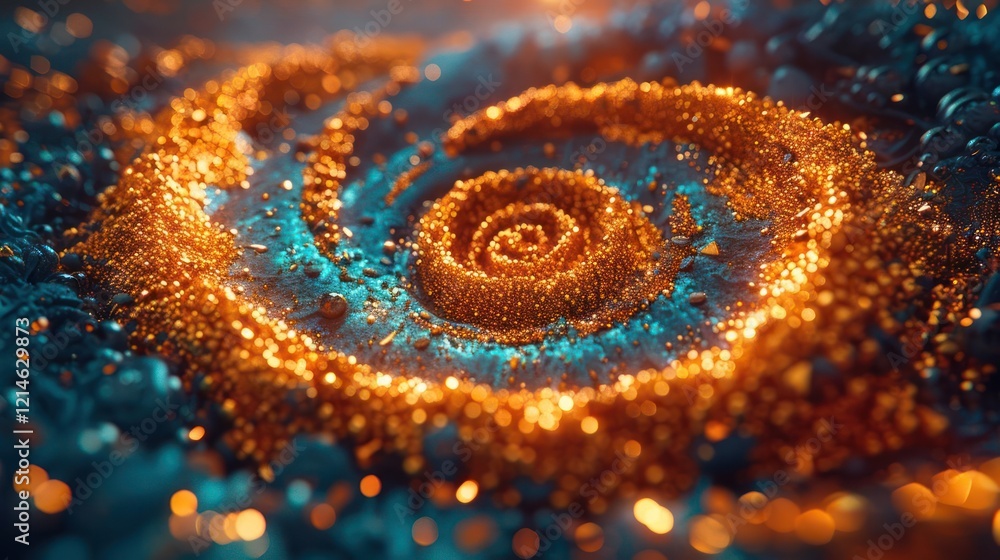 Poster vibrant spiral pattern created with shimmering particles on a textured background, evoking a sense o