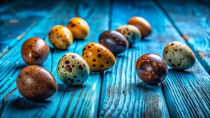 Obraz premium Silhouette Chocolate Quail Eggs on Blue Wood - Copy Space Stock Photo