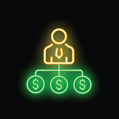 Neon sign illustrating a businessman managing the cash flow of a company with three dollar symbols connected to him