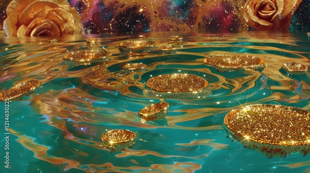 Poster glimmering golden lily pads floating on turquoise water with rose patterns in the background