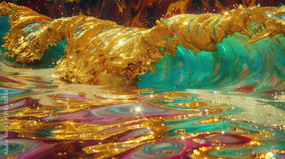 Aufkleber vivid golden waves crashing against a colorful backdrop, creating a mesmerizing abstract scene