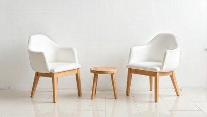 Elegant trio of furniture—a pair of pristine white chairs with one featuring a wooden seat—poised before a stark white backdrop, accompanied by a small round wooden stool