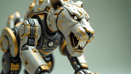 A detailed close up of a robotic lion with gold and silver metallic body with a fierce expression