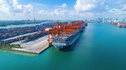 A large container ship is docked at the port, with cranes and other equipment nearby