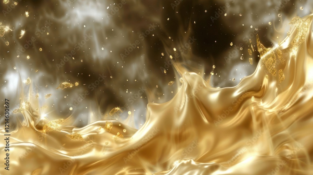 Poster golden waves of liquid flowing dynamically against a dark backdrop with splashes and sparkles