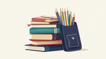 Fototapeta premium Stacked books and pencils; education supplies; learning; off-white background; back to school