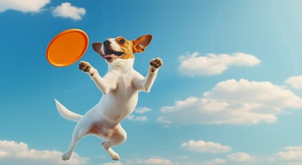 A playful dog leaps into the air to catch a bright orange frisbee against a clear blue sky with fluffy white clouds.