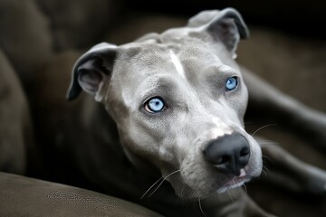 A close-up portrait of a dog featuring striking blue eyes, showcasing its expressive face and sleek gray coat. The dog appears calm and attentive, resting on a soft surface.