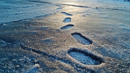 A close-up of a frosty, ice-covered sidewalk with footprints from passersby