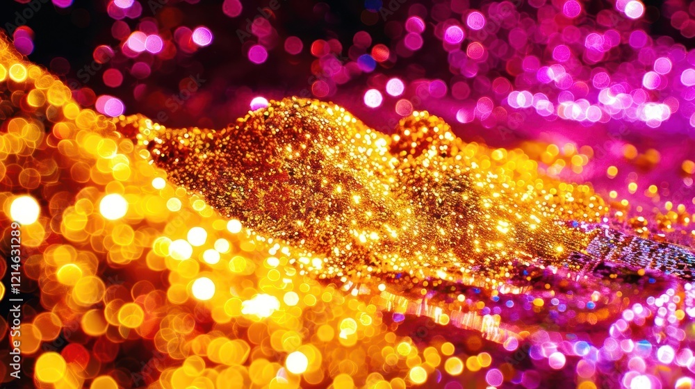 Poster vibrant abstract texture of glittering particles in shades of gold and purple, creating a dynamic vi