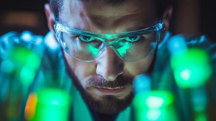 A focused scientist wearing protective goggles examines glowing test tubes in a laboratory setting. The vibrant colors of the liquids highlight the intensity of the research.