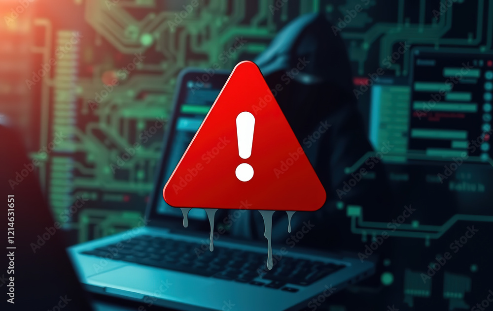 Poster warning alert icon with a hacked system. malicious software, virus, spyware, malware, or cyberattack