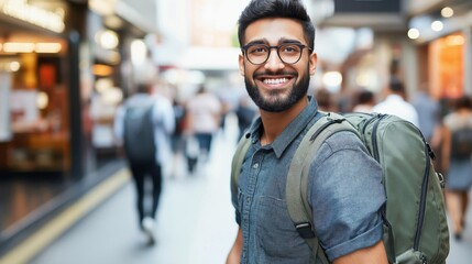 Obraz premium A young man with glasses and a backpack smiles confidently while walking through a bustling city street filled with people.