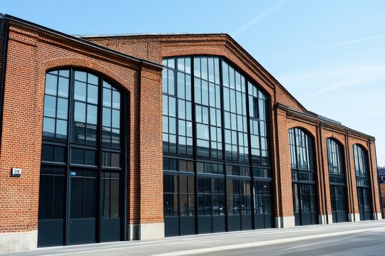 Historic brick warehouse with large windows in an urban area showcases architectural beauty and modern design during daytime