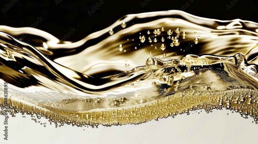 Poster close-up of shimmering golden liquid waves with bubbles, creating a dynamic and refreshing atmospher