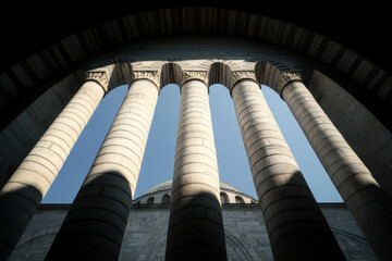 The four pillars are tall and white, and they are in front of a building